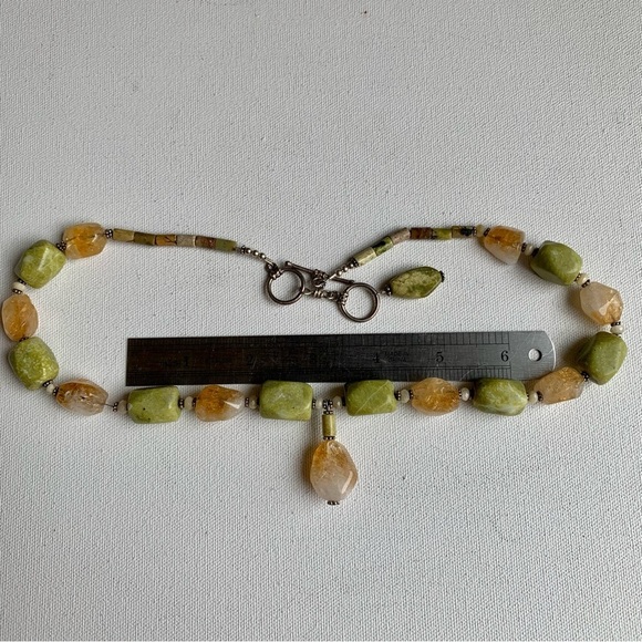 Vintage Chunky Gemstone Necklace Yellow Citrine Crystals Green Serpentine 24" - Picture 12 of 13